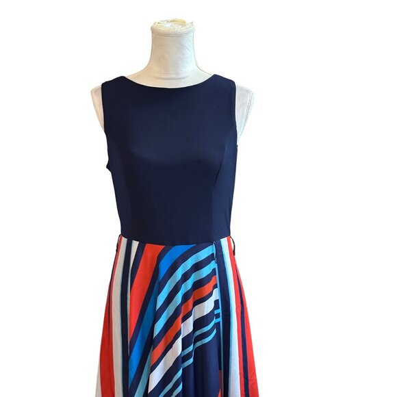 Eliza J Maxi Dress Women 12 Jersey Navy Red Geometric Flowy A-Line No SASH - Picture 5 of 9